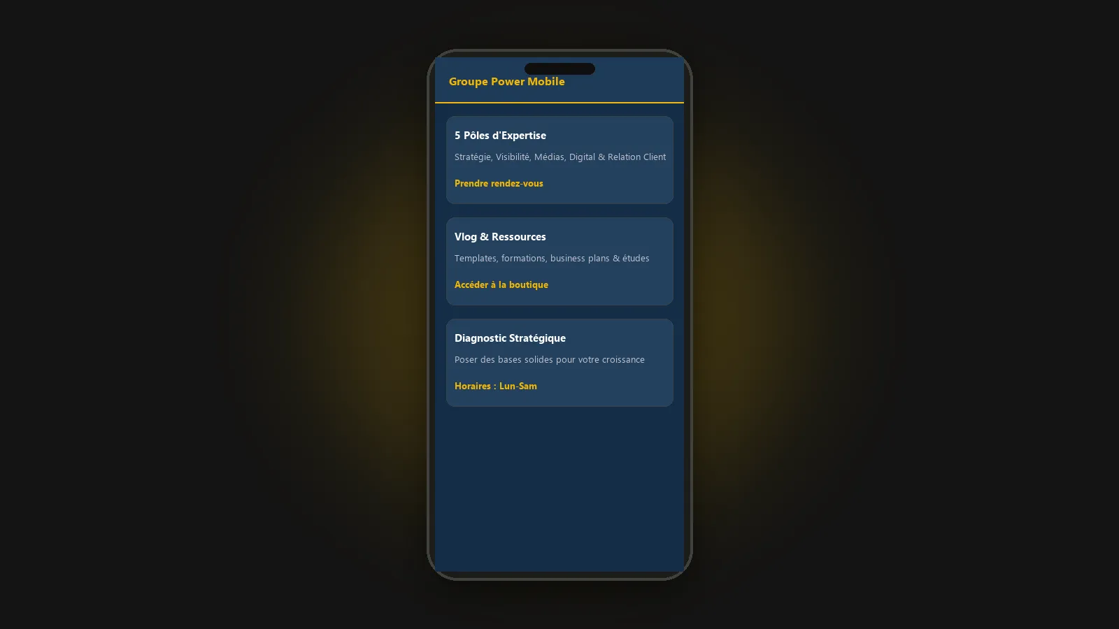 Groupe Power - Cabinet de Conseil en Stratégie & Finance - Vue Mobile Responsive